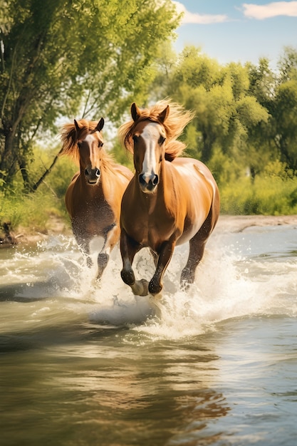 Cavalos correndo pela água