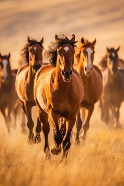 Cavalos correndo pela velha cidade ocidental