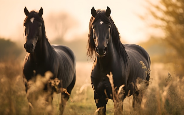 Cavalos pretos no pasto