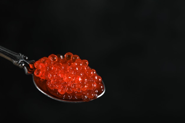 Caviar vermelho em uma colher metálica