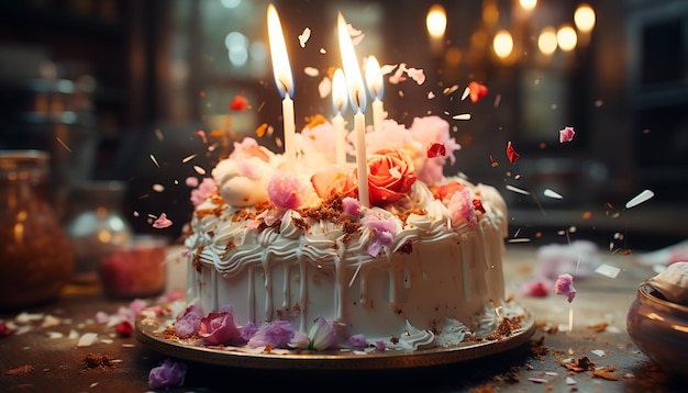 Foto grátis celebração de aniversário bolo de aniversário caseiro com glasura de chocolate e vela gerada por inteligência artificial