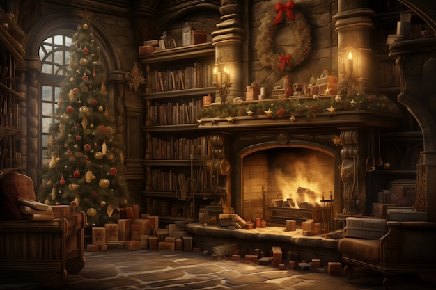 Celebração de Natal com interior decorado