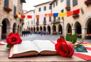 Foto grátis celebração de sant jordi com livro e rosa