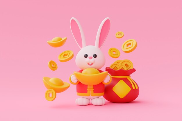 Celebração do ano novo chinês com coelho e saco de dinheiro