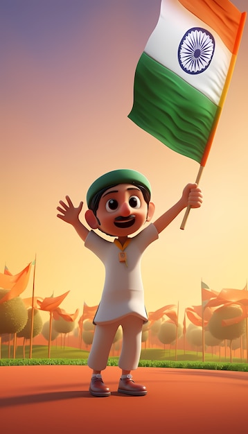 Celebração do Dia da República da Índia com uma pessoa 3D e uma bandeira