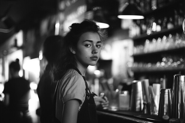 Celebração do Dia do Trabalho com visão monocromática de uma mulher trabalhando como barista