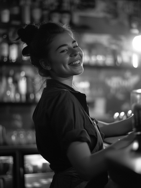 Celebração do Dia do Trabalho com visão monocromática de uma mulher trabalhando como barista