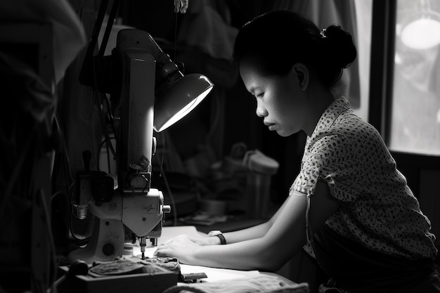 Celebração do Dia do Trabalho com visão monocromática de uma mulher trabalhando como costureira