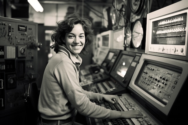 Foto grátis celebração do dia do trabalho com visão monocromática de uma mulher trabalhando como engenheira de computadores