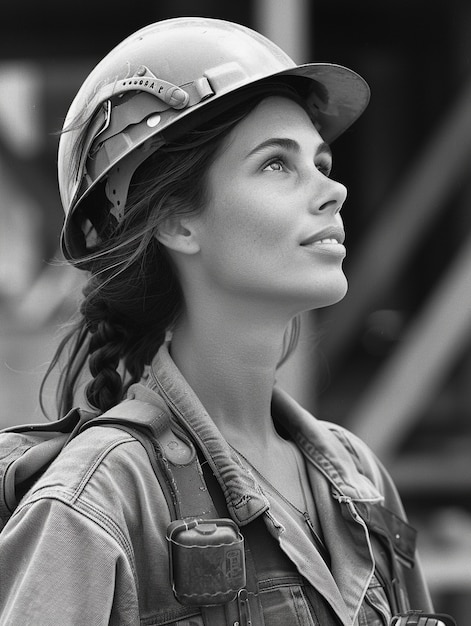 Celebração do Dia do Trabalho com visão monocromática de uma mulher trabalhando como engenheira