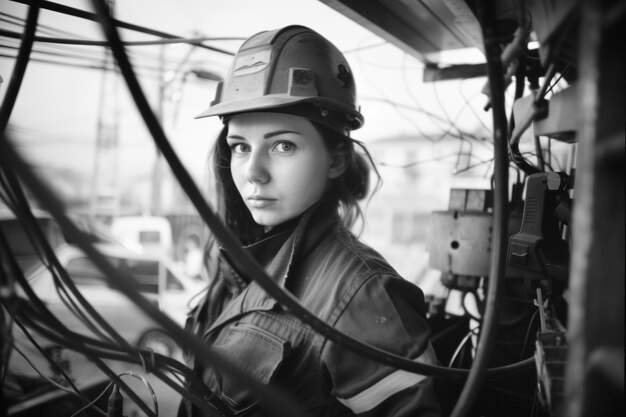 Celebração do Dia do Trabalho com visão monocromática de uma mulher trabalhando como engenheira