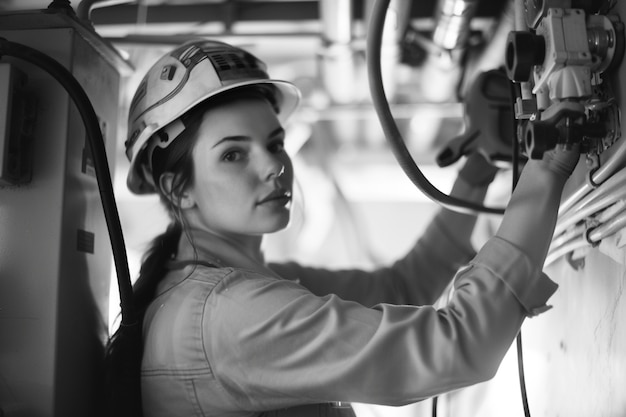 Celebração do Dia do Trabalho com visão monocromática de uma mulher trabalhando como engenheira