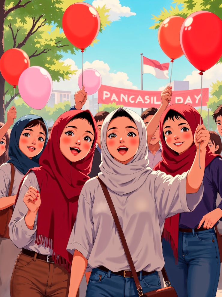 Foto grátis celebração do dia pancasila na indonésia com balões e mulheres usando hijab