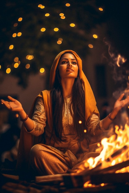 Celebração fotorrealista do festival lohri com mulher e fogo
