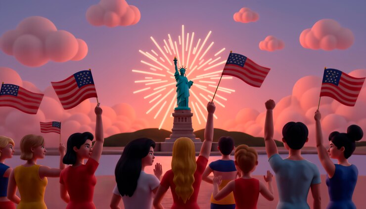 Foto grátis celebrar o dia da independência com fogos de artifício e a estátua da liberdade