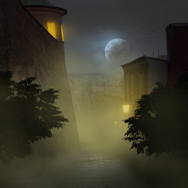 Cena assustadora com lua e nevoeiro