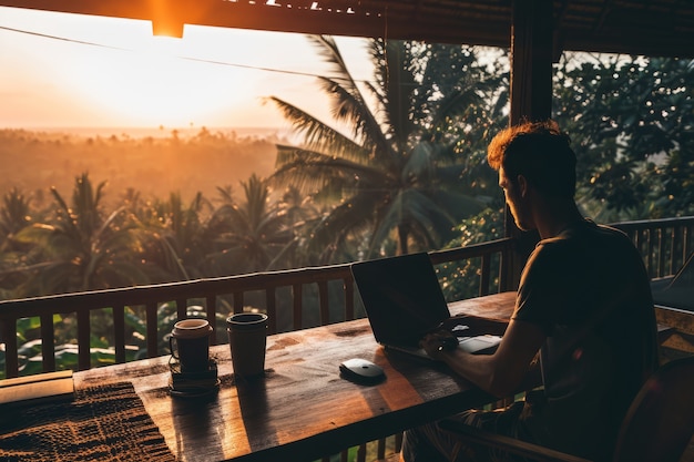 Foto grátis cena com jovens diversos sendo nômades digitais e trabalhando remotamente de locais de sonho