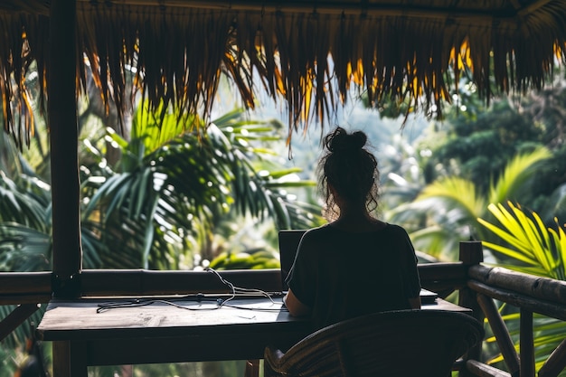 Foto grátis cena com jovens diversos sendo nômades digitais e trabalhando remotamente de locais de sonho