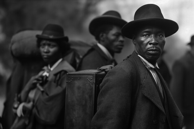 Cena com pessoas afro-americanas se movendo na área rural nos velhos tempos