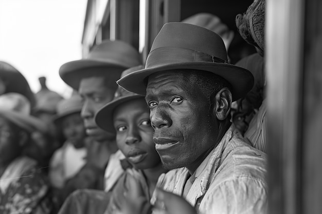 Cena com pessoas afro-americanas se movendo na área rural nos velhos tempos