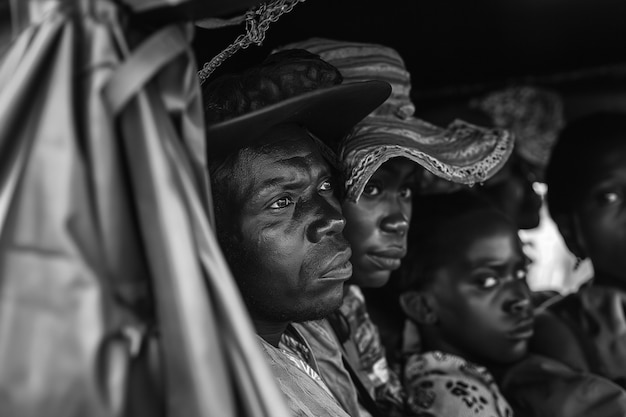 Cena com pessoas afro-americanas se movendo na área rural nos velhos tempos