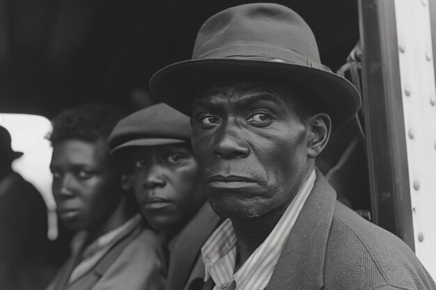 Cena com pessoas afro-americanas se movendo na área rural nos velhos tempos