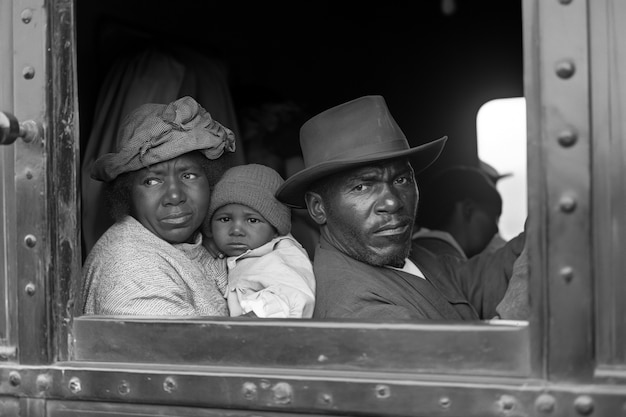 Cena com pessoas afro-americanas se movendo na área rural nos velhos tempos