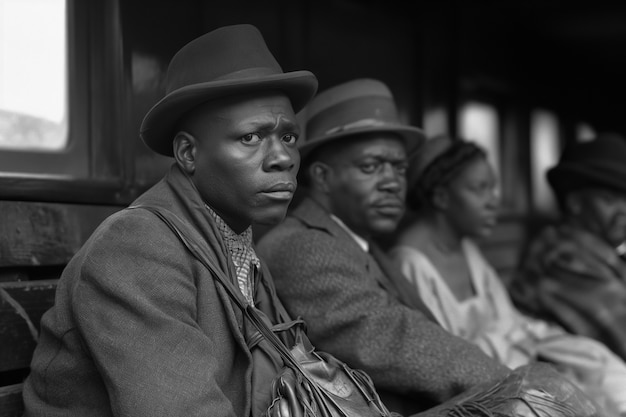 Cena com pessoas afro-americanas se movendo na área rural nos velhos tempos