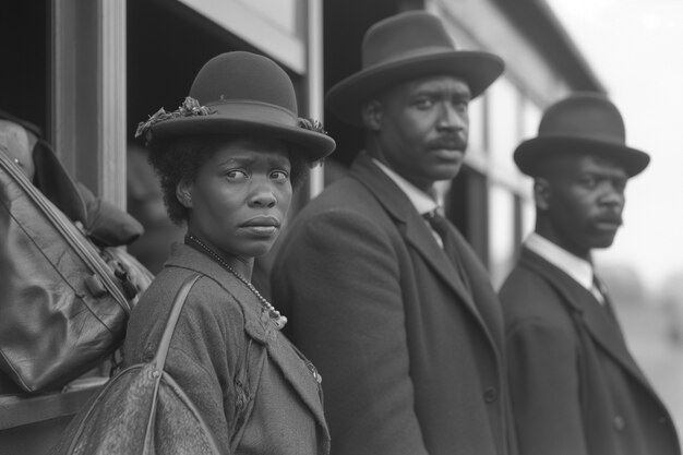 Cena com pessoas afro-americanas se movendo na área rural nos velhos tempos