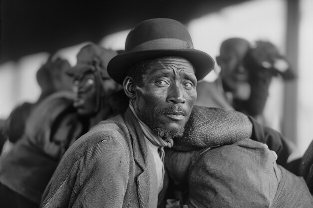 Cena com pessoas afro-americanas se movendo na área rural nos velhos tempos