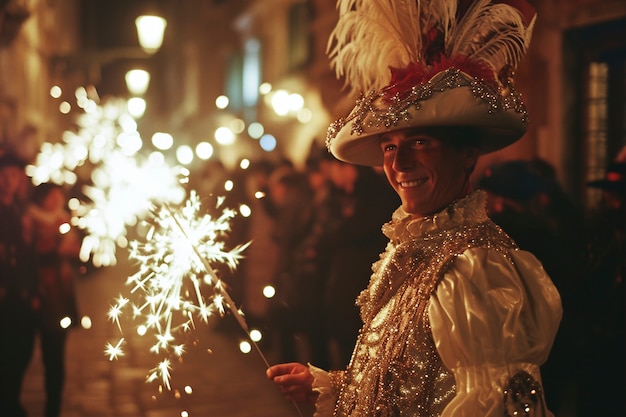 Cena com pessoas celebrando o carnaval com trajes