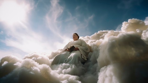 Foto grátis cena conceitual com pessoas no céu cercadas por nuvens com um sentimento de sonho