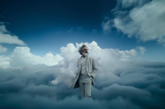 Cena conceitual com pessoas no céu cercadas por nuvens com um sentimento de sonho