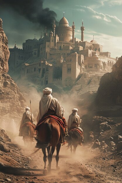 Cena de cavaleiros da antiga Bagdá inspirada em videogames