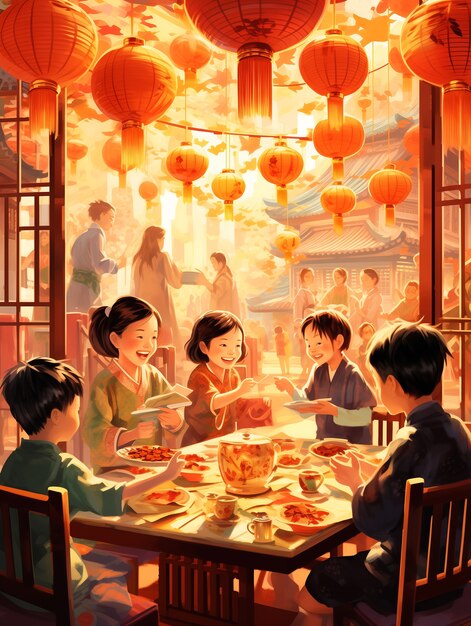 Cena de celebração do ano novo chinês em estilo anime