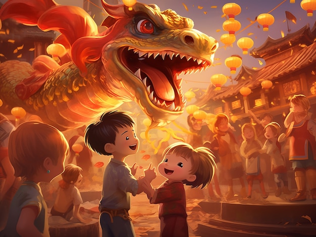 Foto grátis cena de celebração do ano novo chinês em estilo anime