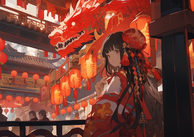 Cena de celebração do Ano Novo Chinês em estilo anime