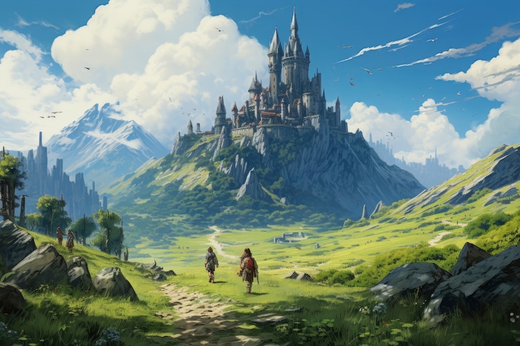 Foto grátis cena de estilo fantasia com paisagem de montanhas