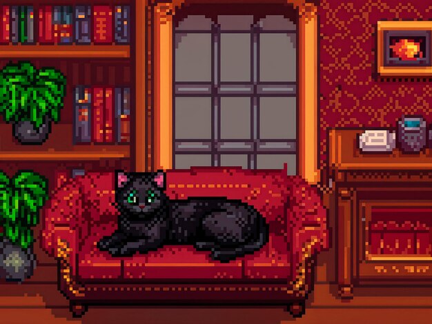 Cena de estilo pixel com um gato de estimação adorável