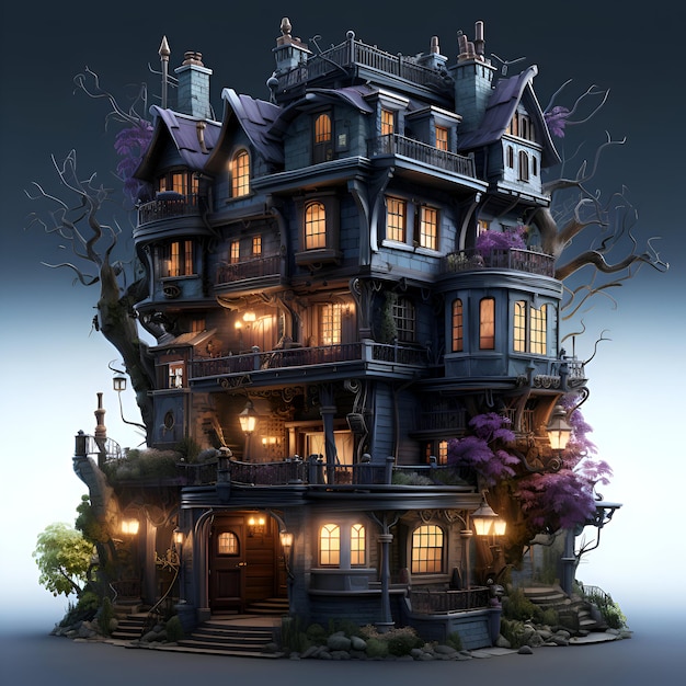 Foto grátis cena de halloween com casa assombrada e árvore assustadora renderização 3d