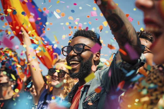 Cena de orgulho com cores do arco-íris e homens celebrando sua sexualidade