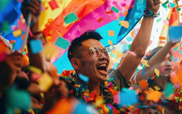 Cena de orgulho com cores do arco-íris e homens celebrando sua sexualidade