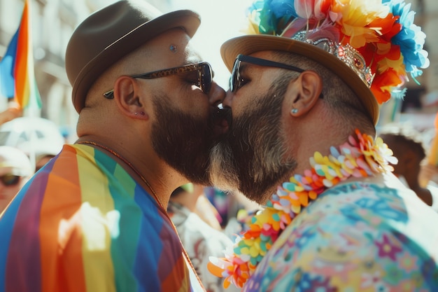 Cena de orgulho com cores do arco-íris e homens celebrando sua sexualidade