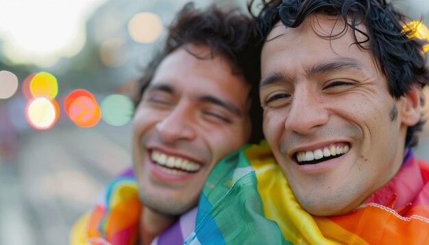 Cena de orgulho com cores do arco-íris e homens celebrando sua sexualidade