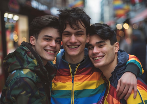Cena de orgulho com cores do arco-íris e homens celebrando sua sexualidade