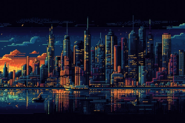 Foto grátis cena de pixels gráficos de 8 bits com cidade e noite