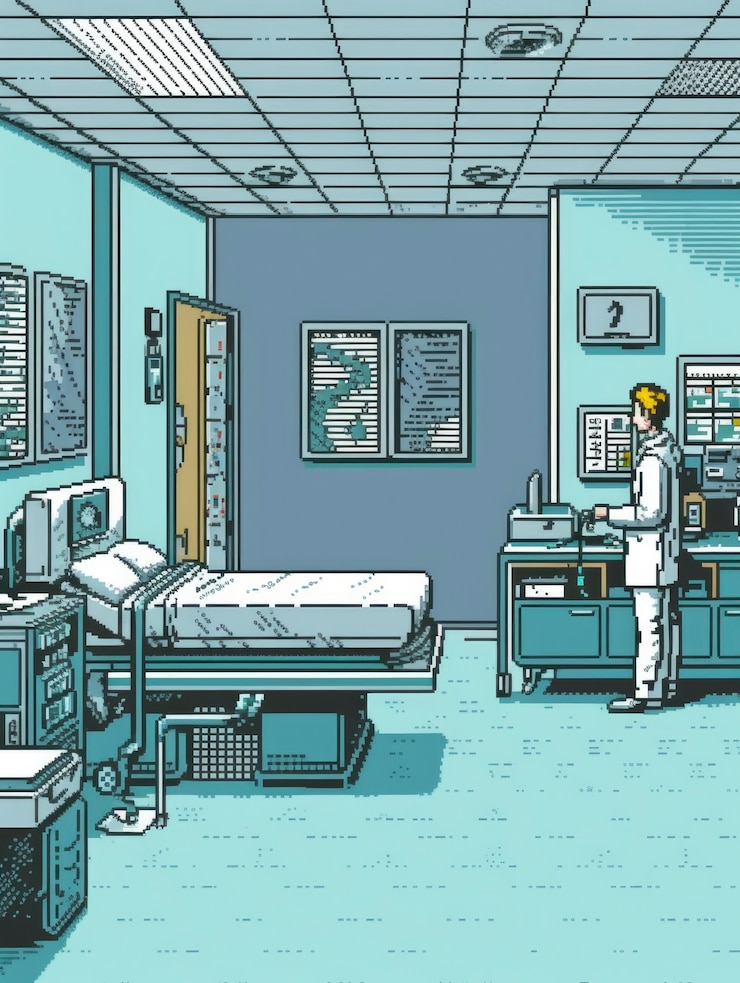 Foto grátis cena de pixels gráficos de 8 bits com enfermeira no hospital