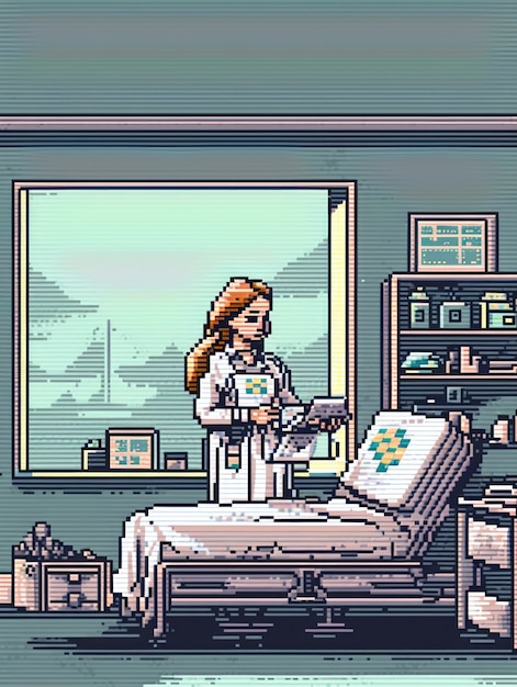 Foto grátis cena de pixels gráficos de 8 bits com enfermeira no hospital