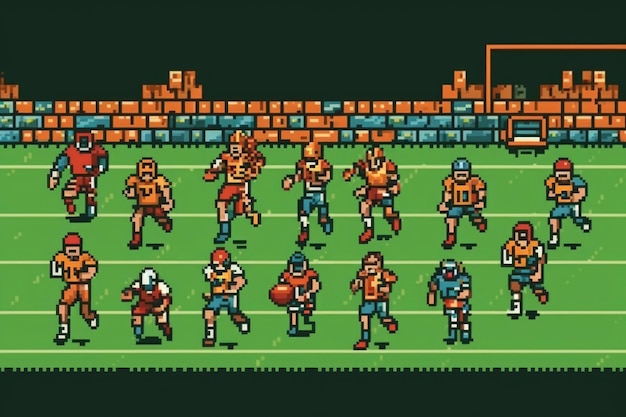 Cena de pixels gráficos de 8 bits com jogadores de futebol