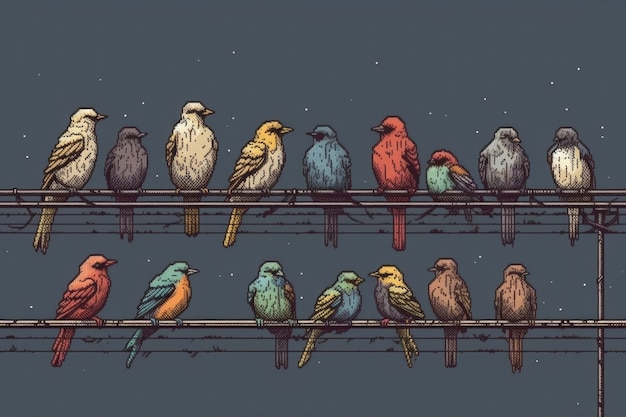 Cena de pixels gráficos de 8 bits com pássaros